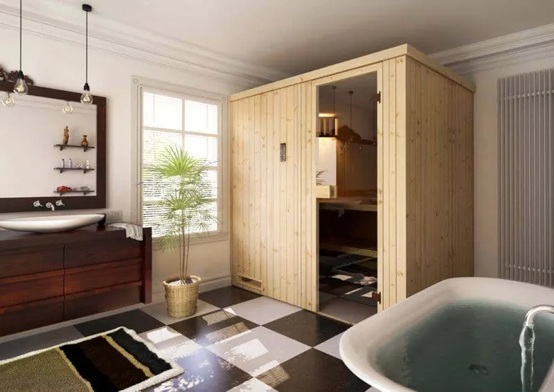 FinnTherm Innensauna Cenik, kompakte Elementsauna mit 72 mm Wand und Ganzglastür.