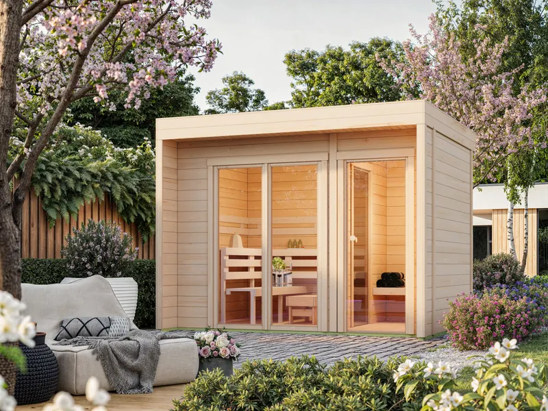 Fjordholz Saunahaus Patio Größe M, modernes Saunahaus mit Vorraum.
