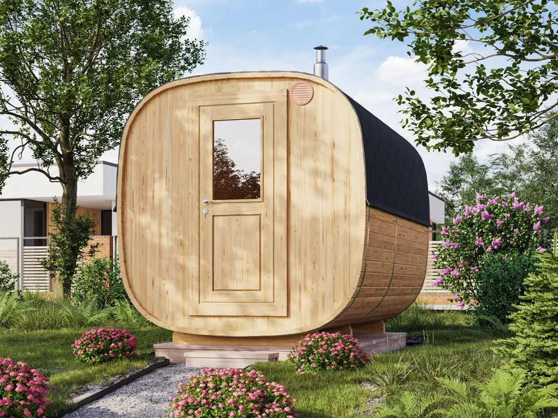 Fjordholz Fasssauna Quadro 300 cm mit 2 Räumen, Fasssauna mit Vorraum.